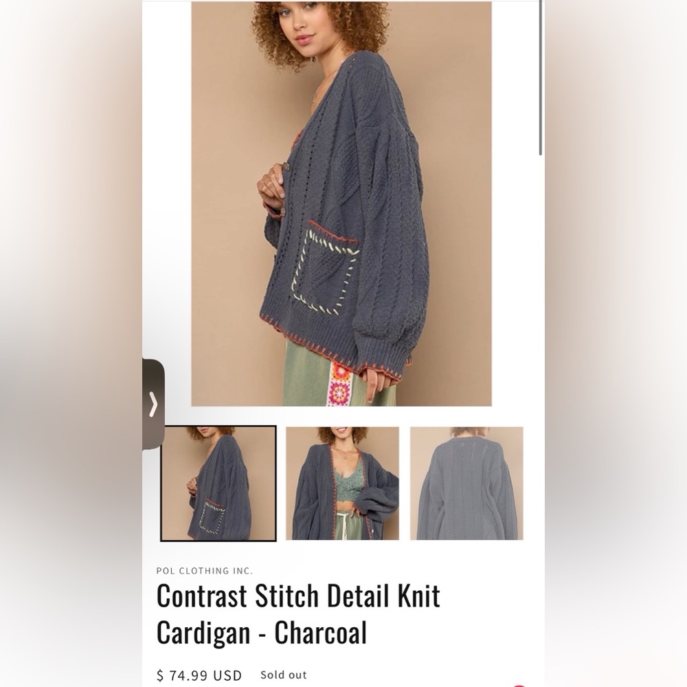 POL Charcoal Cardigan with Cream and Red Details